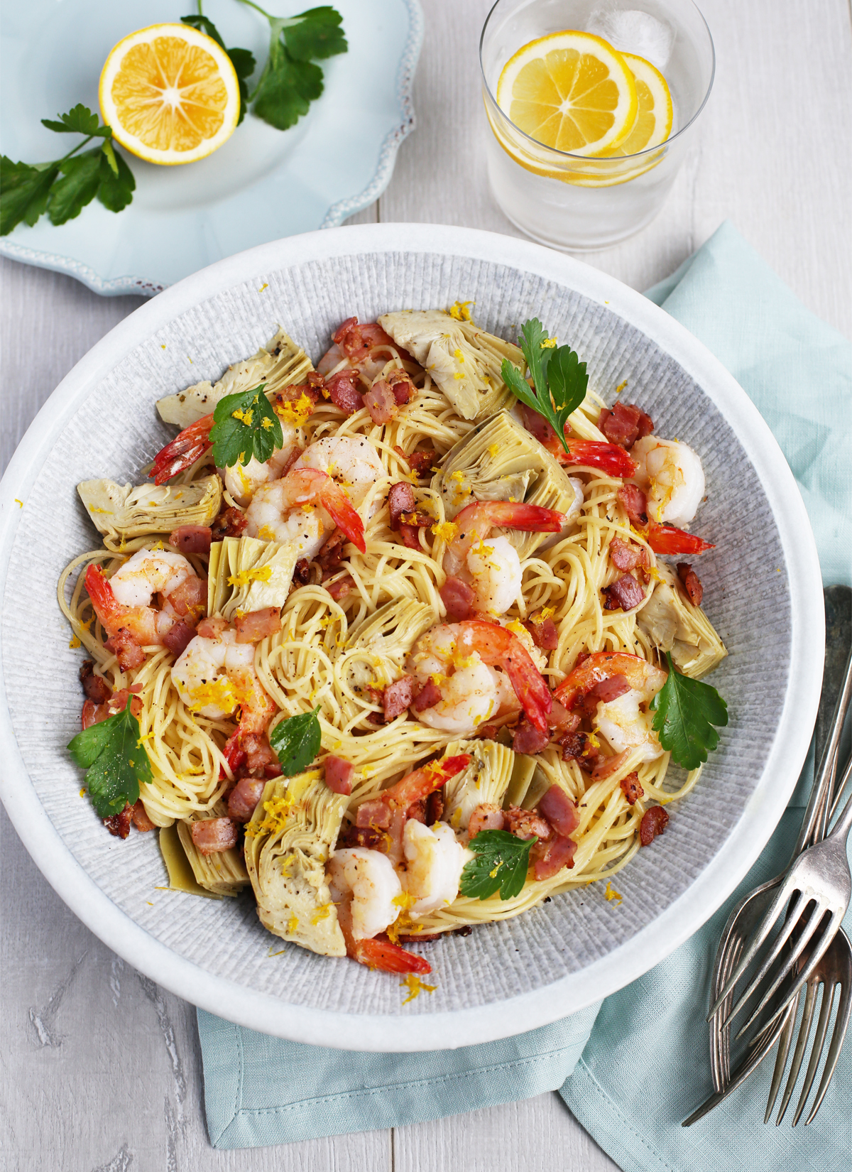 Spaghettini with Prawns, Artichoke & Lemon - Food Love Collective